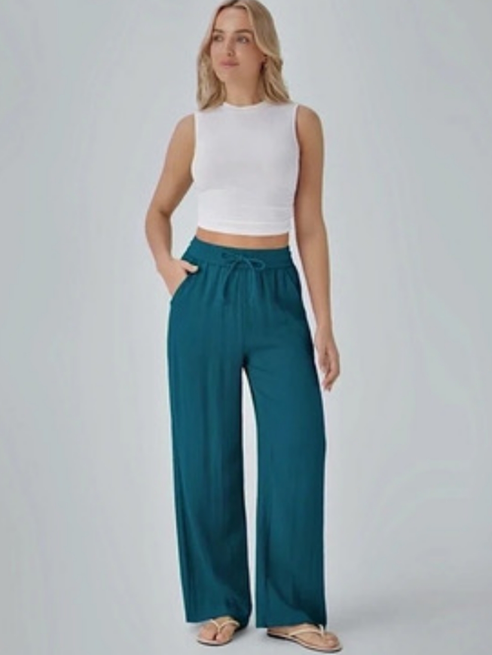 Halara High Waisted Drawstring Wide Leg Pants In Crystal Teal Viscose / Spandex